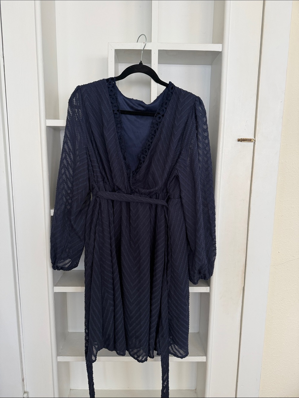 SHEIN Dark Blue V-Neck Lace-Trim Smocked Waist Dress
